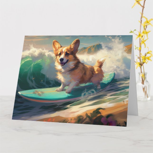 Corgi  Beach Surfing Painting  Card (Yellow Flower)