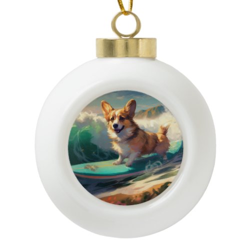 Corgi  Beach Surfing Painting  Ceramic Ball Christmas Ornament