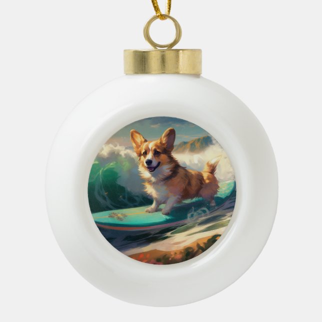 Corgi  Beach Surfing Painting  Ceramic Ball Christmas Ornament (Front)