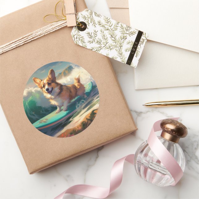Corgi  Beach Surfing Painting  Classic Round Sticker (Gifting)