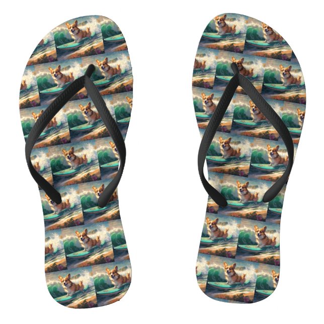 Corgi  Beach Surfing Painting  Flip Flops (Footbed)