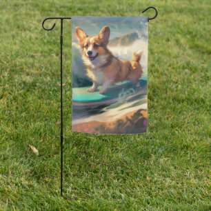 Corgi Beach Surfing Painting Garden Flag