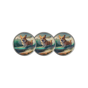 Corgi Beach Surfing Painting Golf Ball Marker
