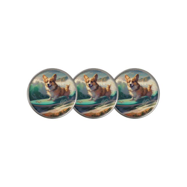 Corgi  Beach Surfing Painting  Golf Ball Marker (3 Up)