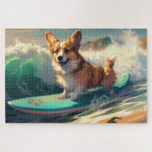 Corgi Beach Surfing Painting Jigsaw Puzzle