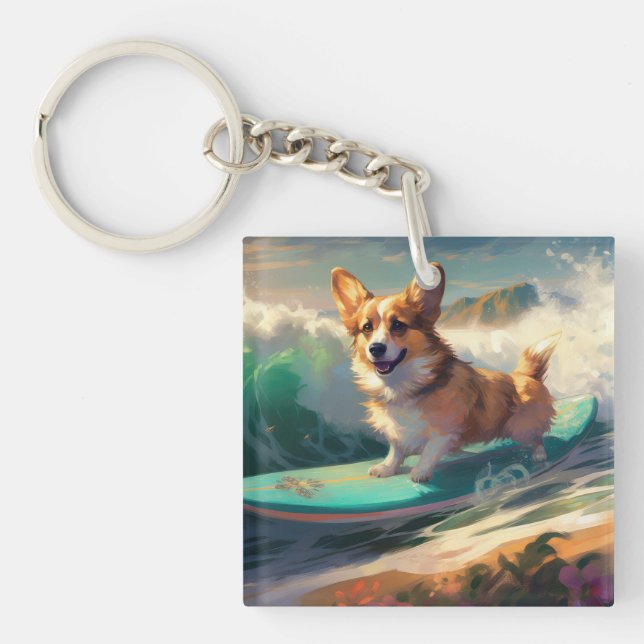 Corgi  Beach Surfing Painting  Keychain (Front)
