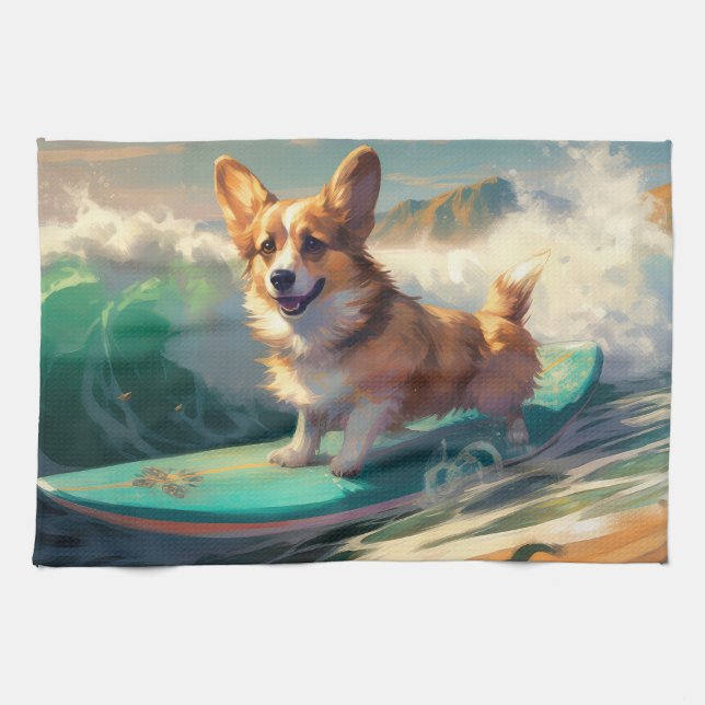 Corgi  Beach Surfing Painting  Kitchen Towel (Horizontal)