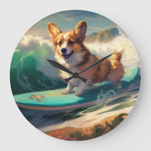 Corgi Beach Surfing Painting Large Clock