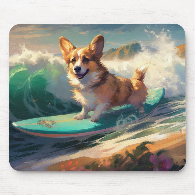Corgi  Beach Surfing Painting  Mouse Pad (Front)