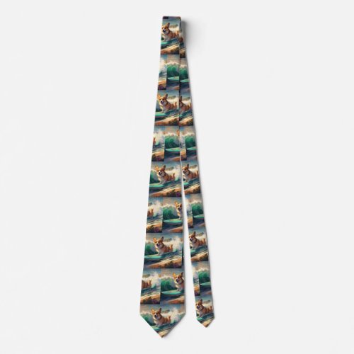 Corgi  Beach Surfing Painting  Neck Tie