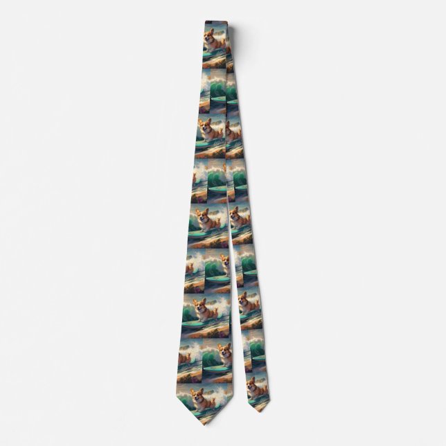 Corgi  Beach Surfing Painting  Neck Tie (Front)