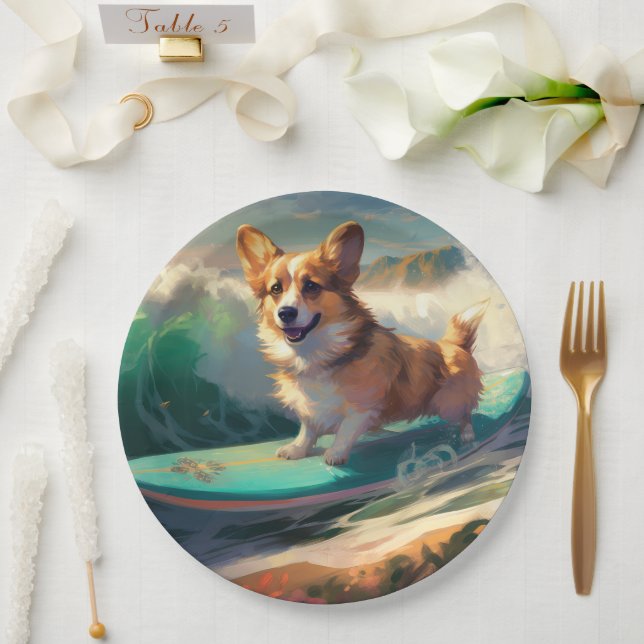 Corgi  Beach Surfing Painting  Paper Plates (Wedding)