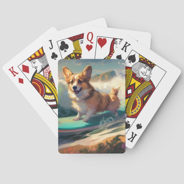 Corgi  Beach Surfing Painting  Poker Cards (Back)