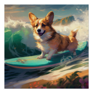 Corgi Beach Surfing Painting Poster