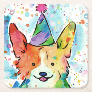 Corgi Birthday Party Square Paper Coaster