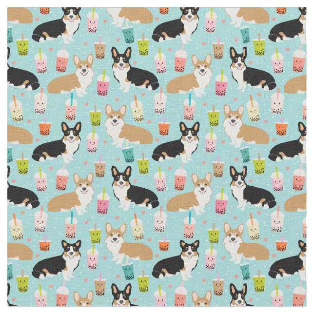 Corgi Boba Tea fabric - bubble tea fabric (Close Up)