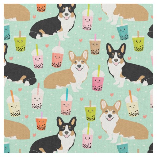 corgi boba tea mint fabric