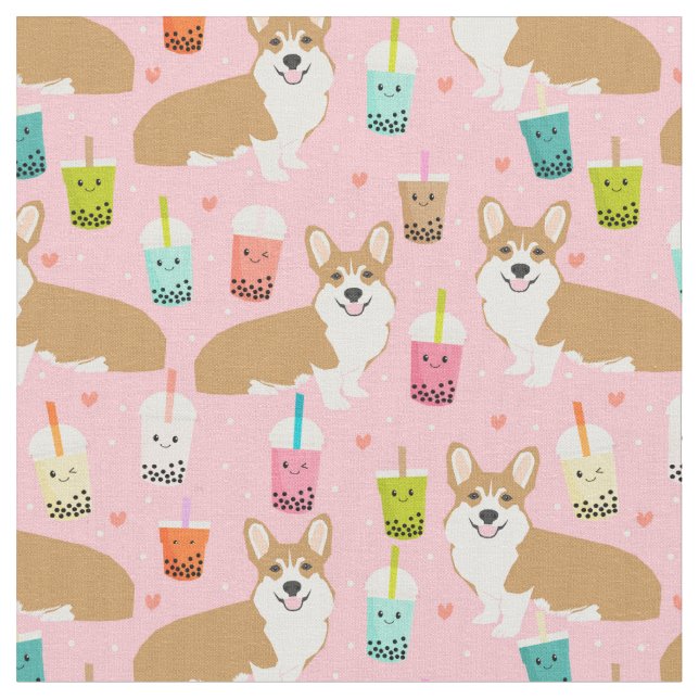 corgi boba tea pink kawaii fabric (Close Up)