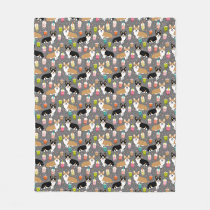 Corgi bubble Tea - Tri and Red corgis - grey Fleece Blanket