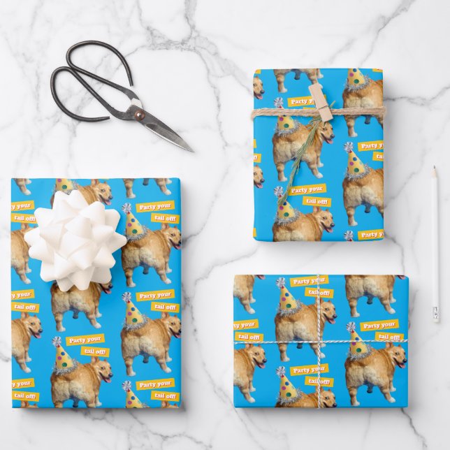 Corgi Butt Birthday Hat Wrapping Paper Sheets (Front)