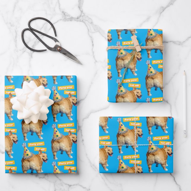 Corgi Butt Birthday Hat Wrapping Paper Sheets (Front)