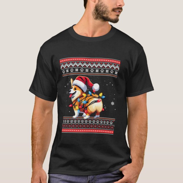 Corgi Butt Funny Ugly Santa Hat Snowflakes Lights  T-Shirt (Front)