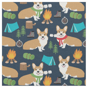 corgi camping outdoors navy blue fabric