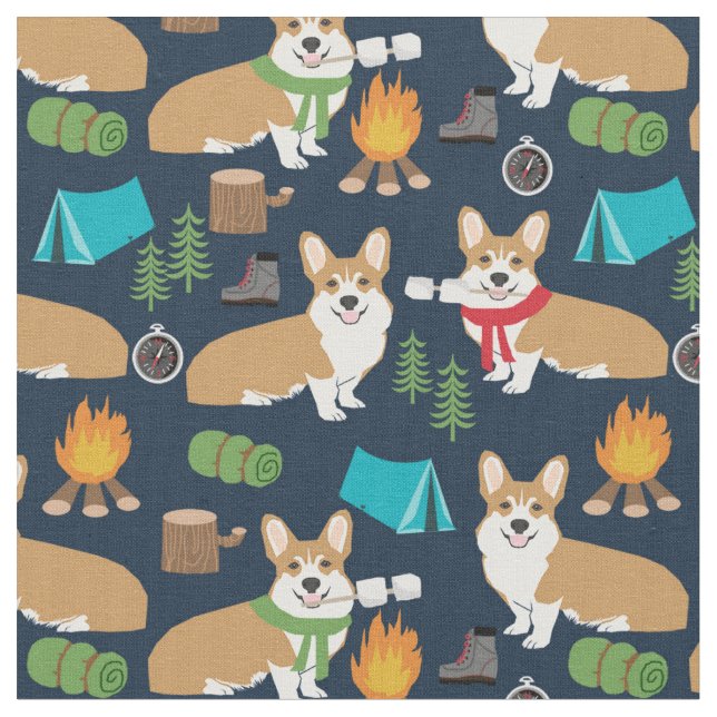 corgi camping outdoors navy blue fabric (Close Up)