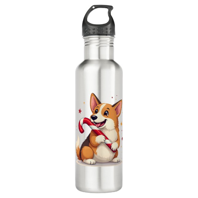 Corgi Candy Cane Joy Stainless Steel Water Bottle (Front)