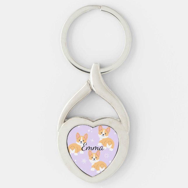 Corgi Cartoon Dog Personalized Purple Keychain (Front)