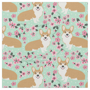 corgi cherry blossom mint fabric