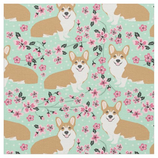 corgi cherry blossom mint fabric