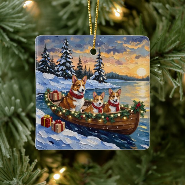 Corgi Christmas Boat Holiday Ceramic Ornament (Tree)