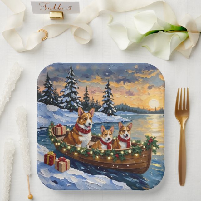 Corgi Christmas Boat Holiday Paper Plates (Wedding)