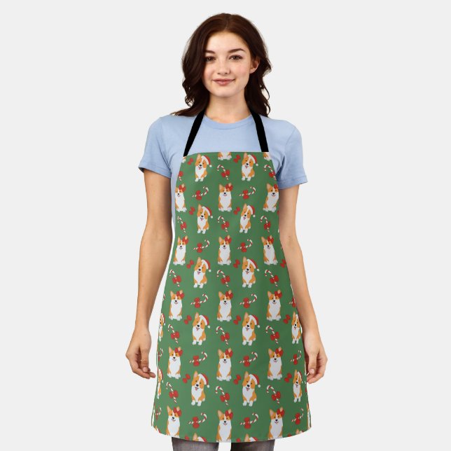 Corgi Christmas Candy Cane Pattern Apron (Worn)