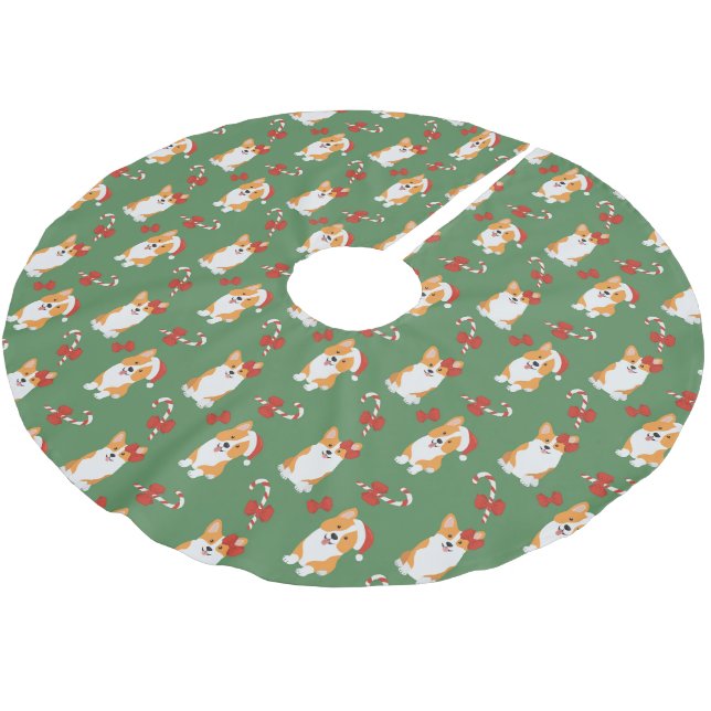 Corgi Christmas Candy Cane Pattern Brushed Polyester Tree Skirt (Angled)