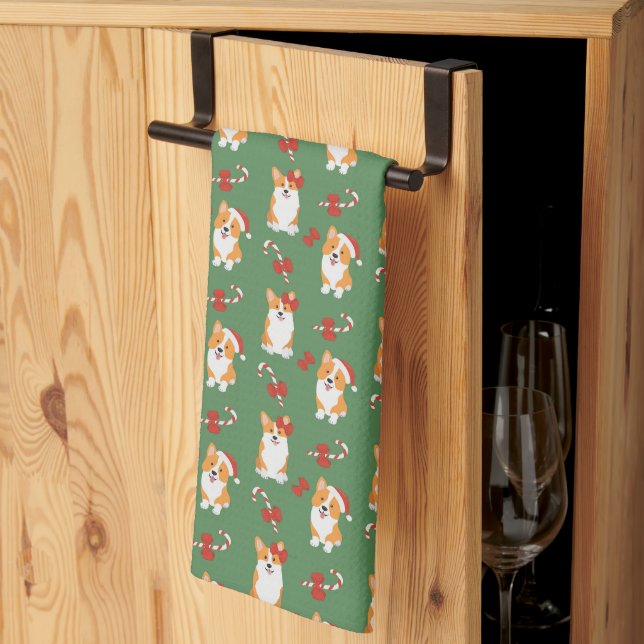Corgi Christmas Candy Cane Pattern Kitchen Towel (Thirds Fold)