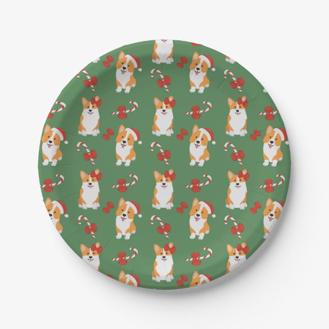 Corgi Christmas Candy Cane Pattern Paper Plates (Front)