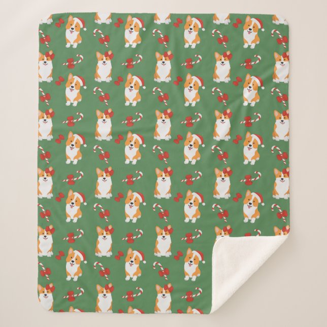 Corgi Christmas Candy Cane Pattern Sherpa Blanket (Front)