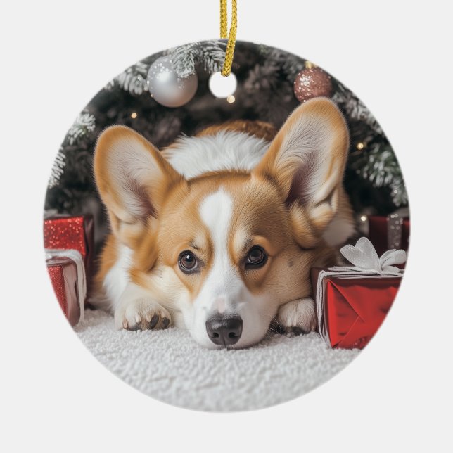 Corgi Christmas Ceramic Ornament (Front)