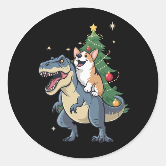 Corgi Christmas Dinosaur Tree Rex Holiday Xmas  Classic Round Sticker (Front)
