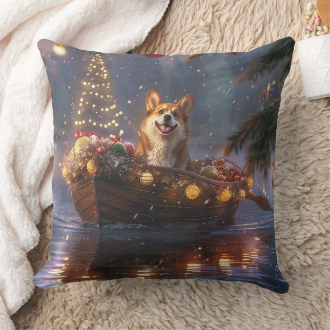 Corgi Christmas Festive Voyage Throw Pillow (Blanket)