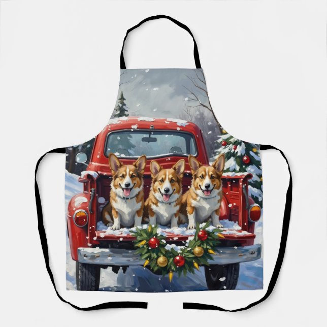 Corgi Christmas Red Truck Holiday Apron (Front)