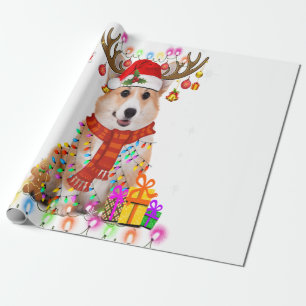 Corgi Christmas Reindeer Christmas Lights Pajama Wrapping Paper