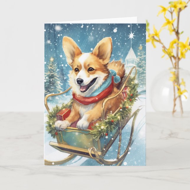 Corgi Christmas – Riding a Sleigh of Presents Card (Yellow Flower)