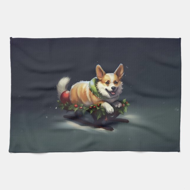 Corgi Christmas snow winter Kitchen Towel (Horizontal)