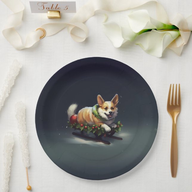 Corgi Christmas snow winter Paper Plates (Wedding)