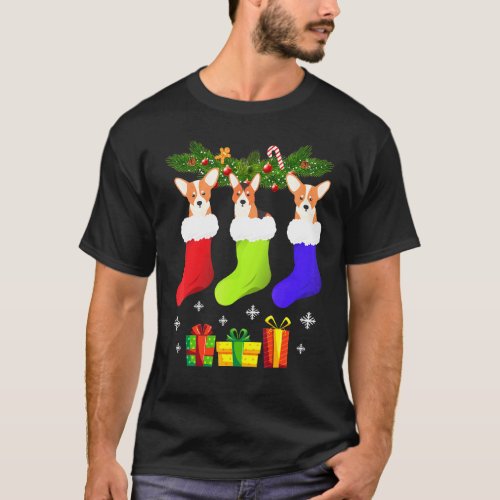 Corgi Christmas Sock Corgi Santa Hat Lights Xmas T T-Shirt