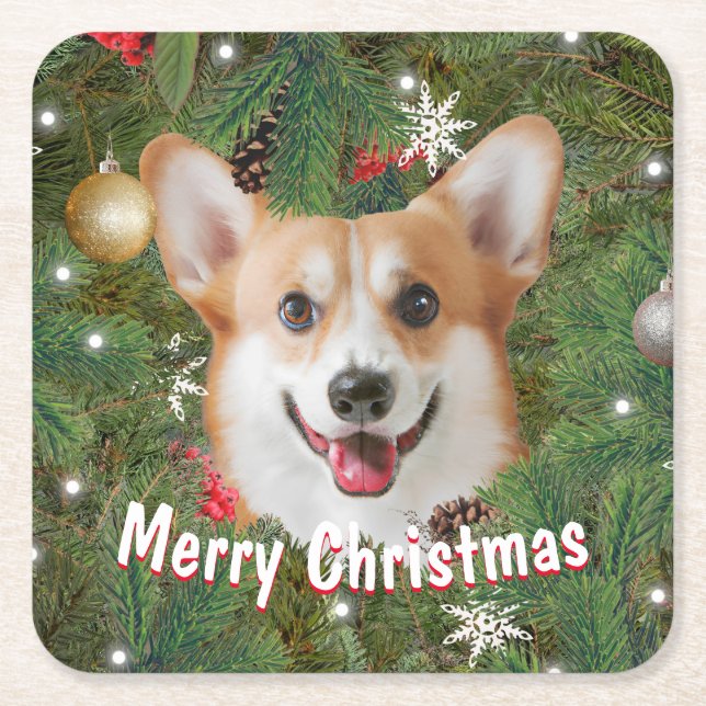 Corgi Christmas Square Paper Coaster (Front)