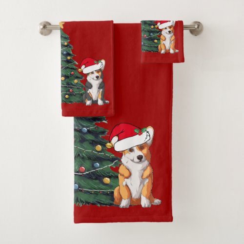 Corgi Christmas Tree Cute Red Holiday Bath Towel Set